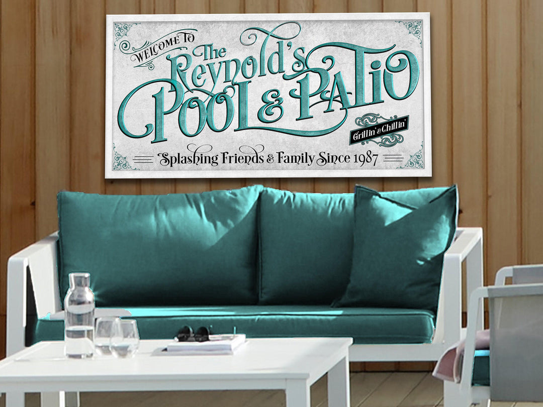 Personalized Pool & Patio on Metal or Canvas! | Custom Family Name Sign | Modern Farmhouse Sign | Teal Blue Patio Decor | Custom Pool Sign