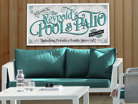 Personalized Pool & Patio on Metal or Canvas! | Custom Family Name Sign | Modern Farmhouse Sign | Teal Blue Patio Decor | Custom Pool Sign