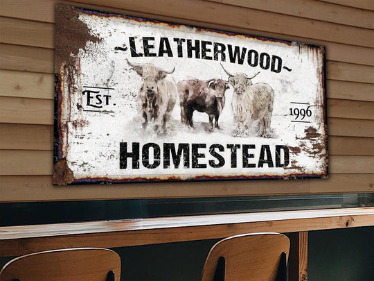 Primitive Highland Cattle Ranch Sign | Last Name Homestead Sign | Farmhouse Sign | Cattle Farm Sign | Cattle Ranch Sign | Distressed Sign