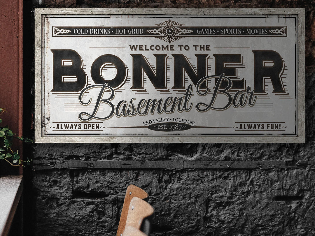 Personalized Basement Bar Sign - Metal or Canvas | Custom Basement Bar Sign | Personalized Family Basement Sign | Large Metal Wall Art