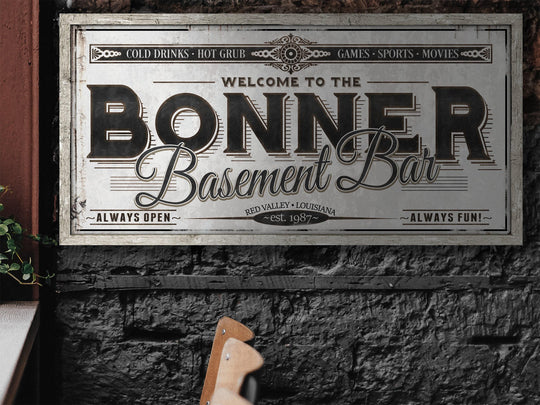 Personalized Basement Bar Sign - Metal or Canvas | Custom Basement Bar Sign | Personalized Family Basement Sign | Large Metal Wall Art
