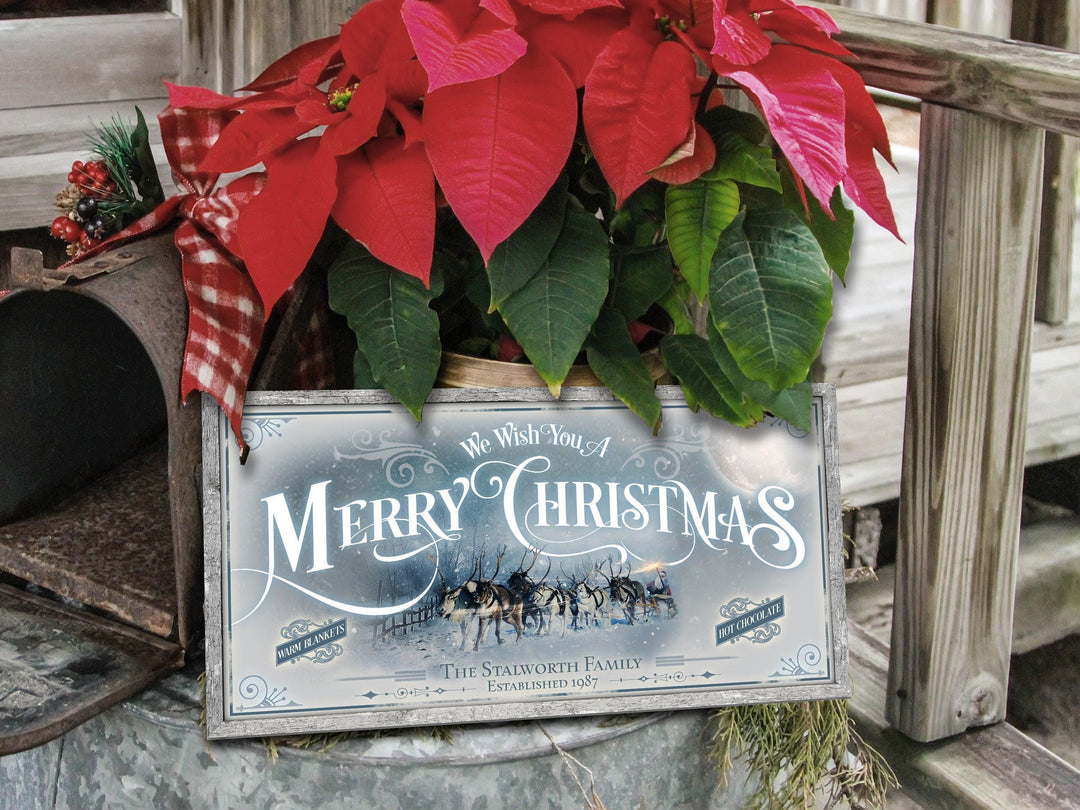 Snowy Santa Sleigh Christmas Sign | Christmas Decor Sign | Personalized Christmas Sign | Christmas Wall Decor | Lightly Distressed Sign