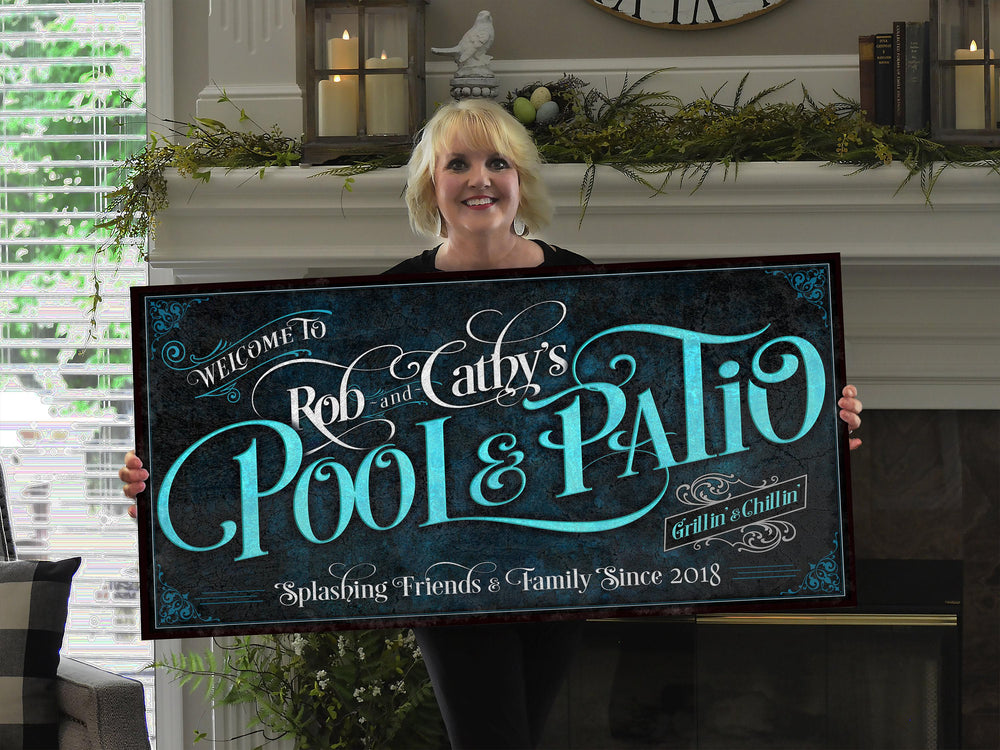 Personalized Pool & Patio on Metal or Canvas! | Custom Family Name Sign | Modern Farmhouse Sign | Dark Blue Patio Decor | Custom Pool Sign