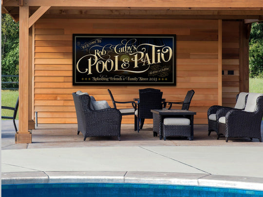 Personalized Pool & Patio on Metal or Canvas! | Custom Family Name Sign | Modern Farmhouse Sign | Summer Sunset Palm Tree Pool Decor Sign