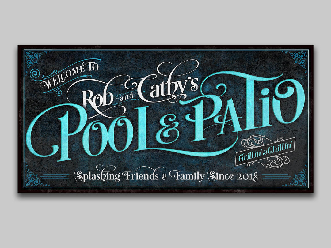 Personalized Pool & Patio on Metal or Canvas! | Custom Family Name Sign | Modern Farmhouse Sign | Dark Blue Patio Decor | Custom Pool Sign