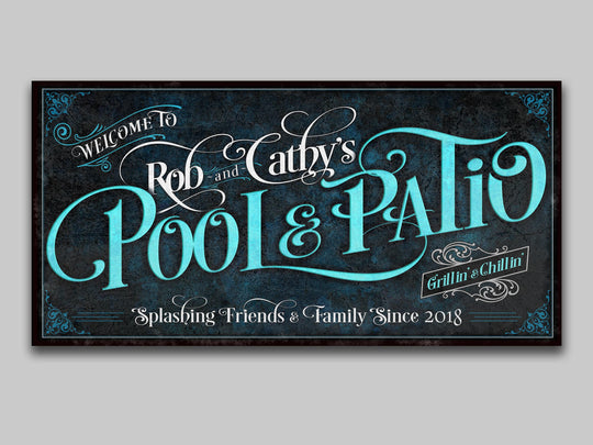 Personalized Pool & Patio on Metal or Canvas! | Custom Family Name Sign | Modern Farmhouse Sign | Dark Blue Patio Decor | Custom Pool Sign