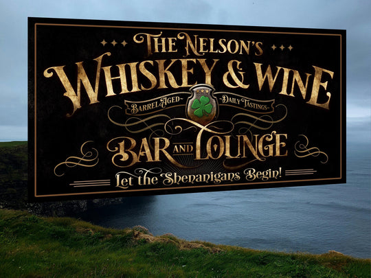 Vintage, personalized St. Patrick&#39;s Day Whiskey and Wine Sign personalized for the family bar and lounge.