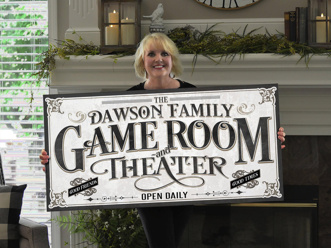 Family Game Room and Theater sign personalized with your family name.