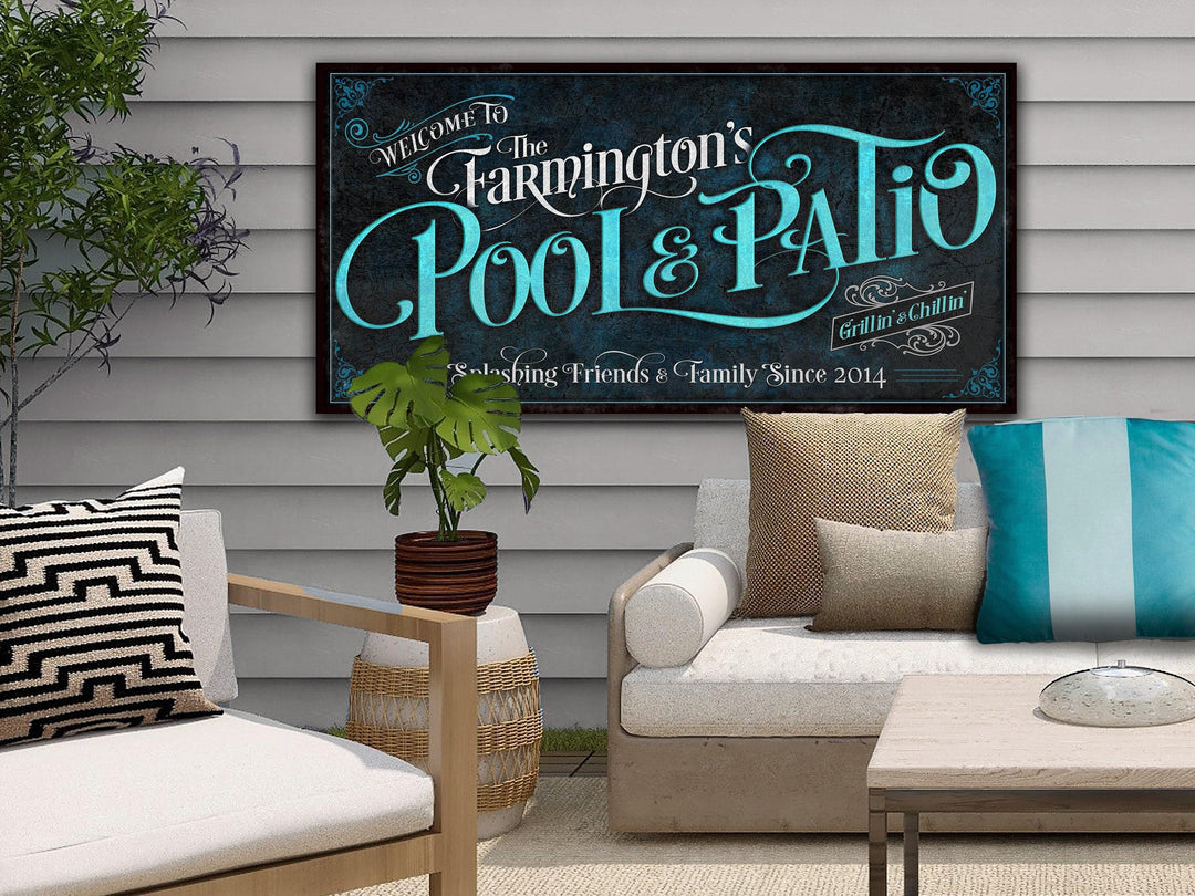 Personalized Pool & Patio on Metal or Canvas! | Custom Family Name Sign | Modern Farmhouse Sign | Dark Blue Patio Decor | Custom Pool Sign