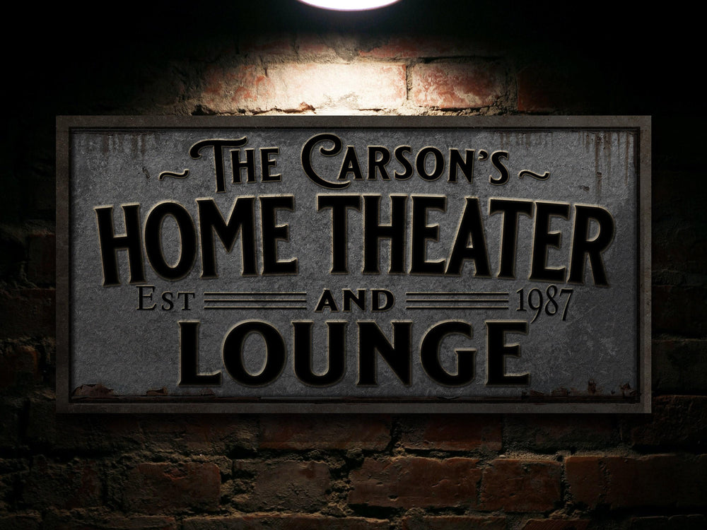 Pewter-Styled Home Theater and Lounge Sign | Personalized Theater Lounge Sign | Family Theater Sign | Family Name Sign | Home Theater Sign