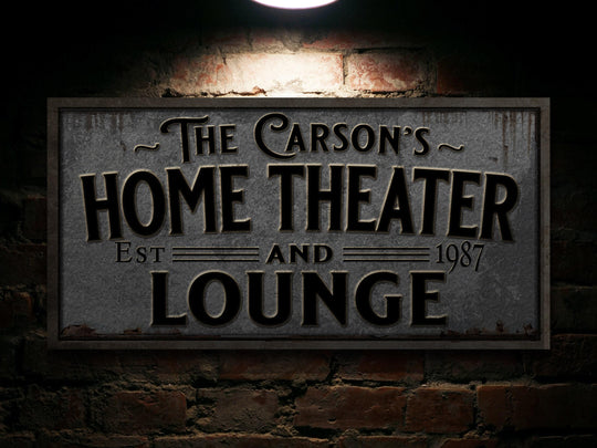 Pewter-Styled Home Theater and Lounge Sign | Personalized Theater Lounge Sign | Family Theater Sign | Family Name Sign | Home Theater Sign