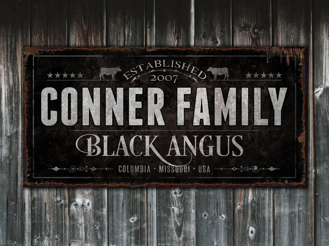 Black Angus Cattle Ranch Sign | Last Name Farmhouse Sign | Black Farmhouse Sign | Ranch House Plans | Farm Wall Decor | Distressed Sign