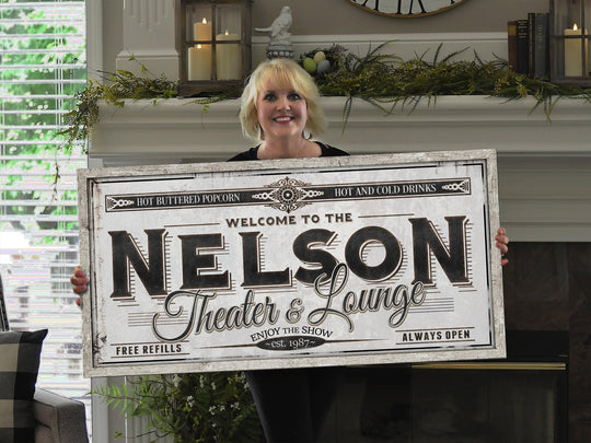 Personalized Theater Lounge - Metal or Canvas | Family Theater Sign | Large Personalized Family Theater Lounge Sign | Large Metal Wall Art