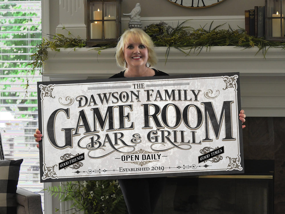 Personalized Game Room Sign | Customized Bar & Grill Sign | Family Bar Lounge Sign | Large Metal Wall Art | Large Canvas Wall Art