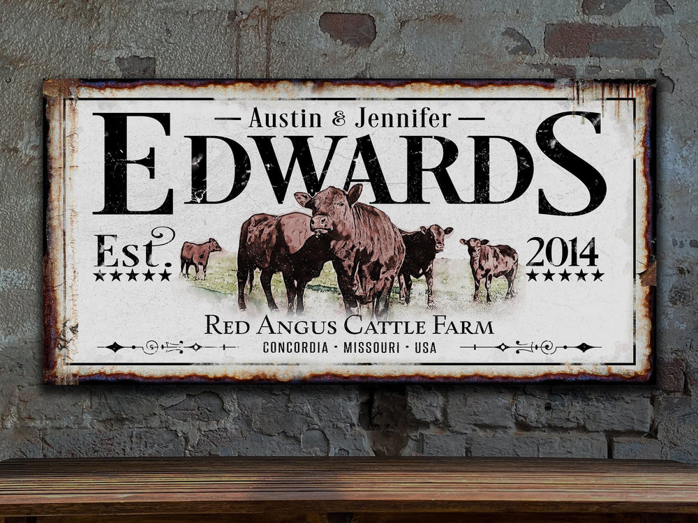 Red Angus Cattle Ranch Sign | Last Name Farmhouse Sign | Farmhouse Sign | Ranch House Plans | Farm Wall Decor | Distressed Sign