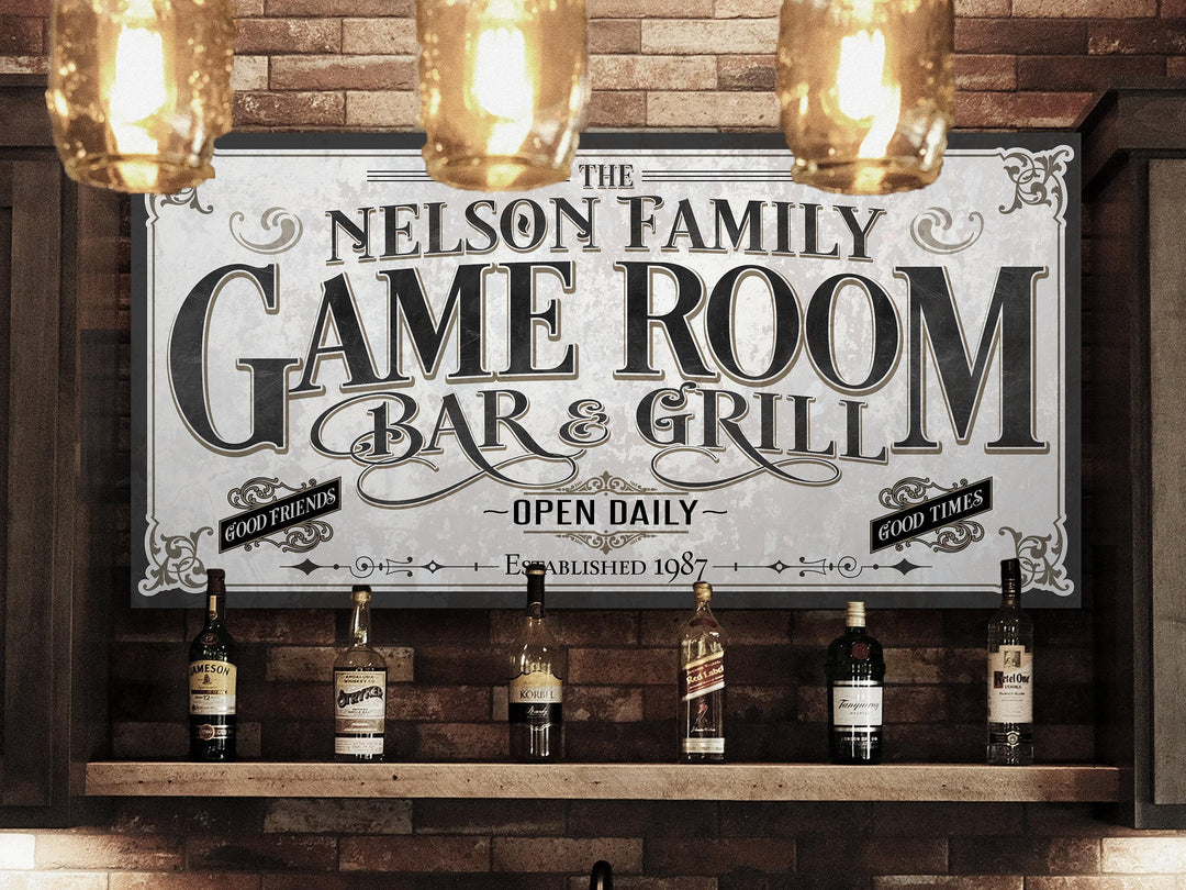 Personalized Game Room Sign | Customized Bar & Grill Sign | Family Bar Lounge Sign | Large Metal Wall Art | Large Canvas Wall Art