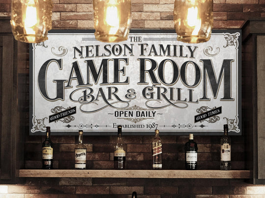 Personalized Game Room Sign | Customized Bar & Grill Sign | Family Bar Lounge Sign | Large Metal Wall Art | Large Canvas Wall Art