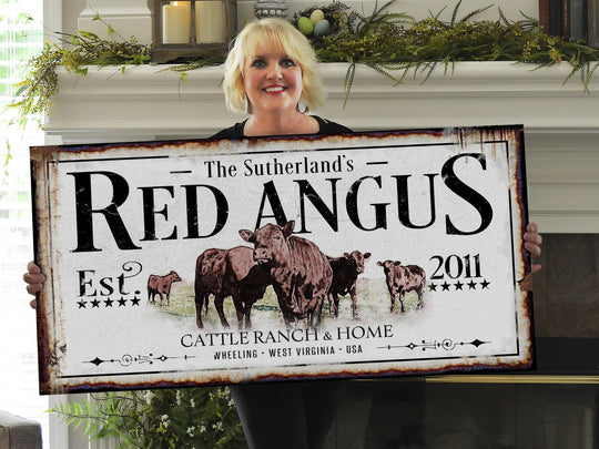 Red Angus Cattle Ranch Sign | Last Name Farmhouse Sign | Farmhouse Sign | Ranch House Plans | Farm Wall Decor | Distressed Sign