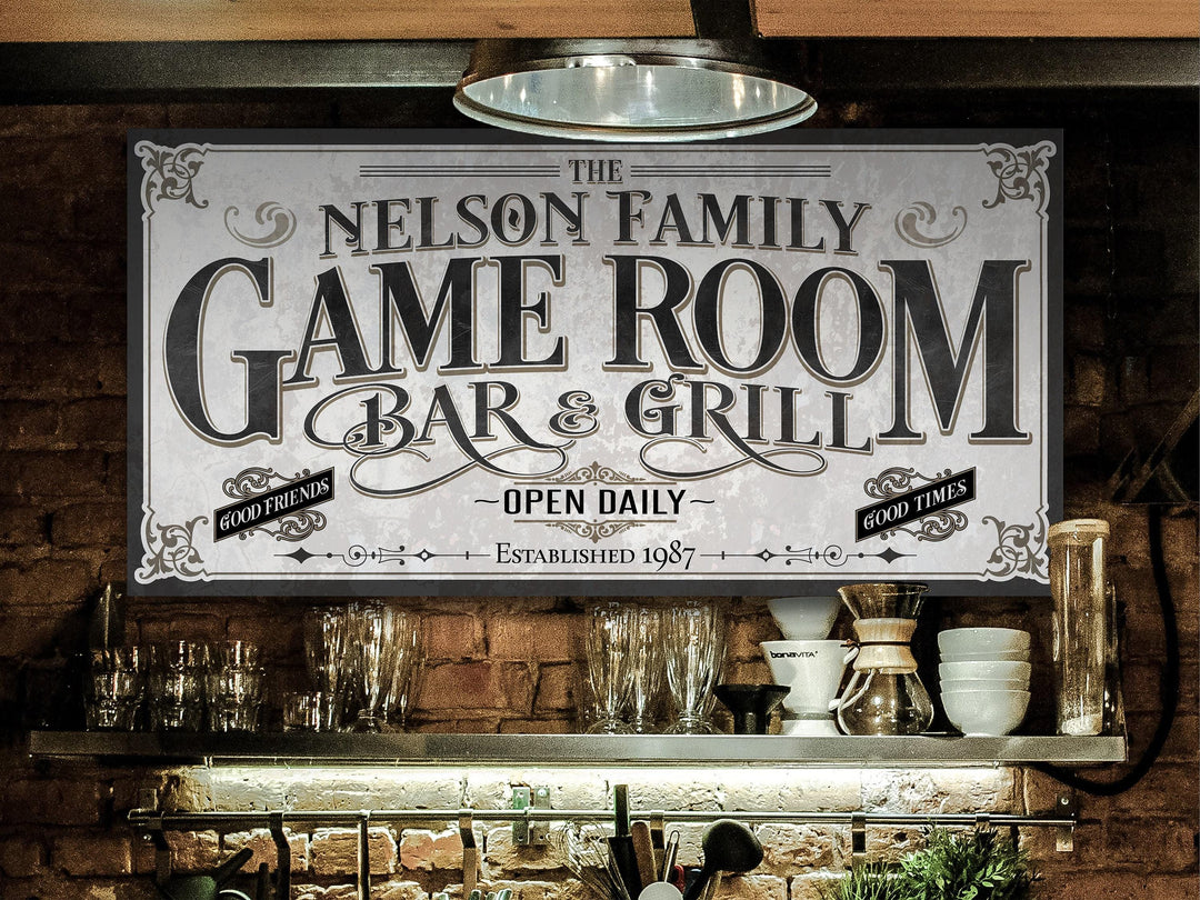Personalized Game Room Sign | Customized Bar & Grill Sign | Family Bar Lounge Sign | Large Metal Wall Art | Large Canvas Wall Art