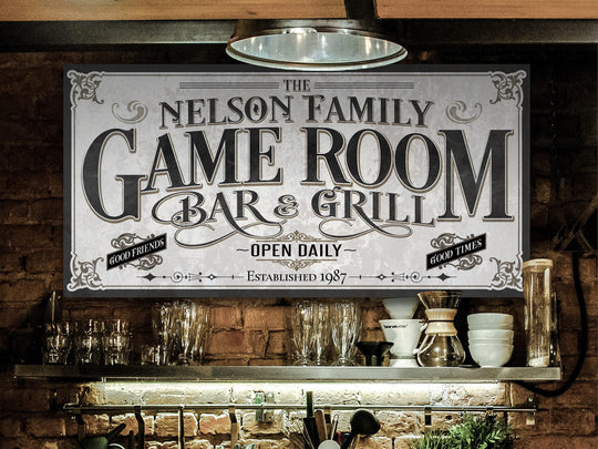 Personalized Game Room Sign | Customized Bar & Grill Sign | Family Bar Lounge Sign | Large Metal Wall Art | Large Canvas Wall Art