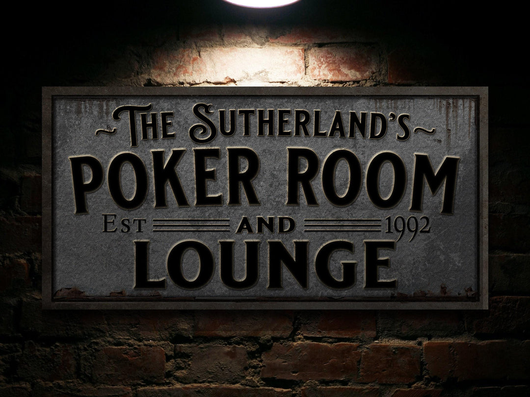 Pewter-Style Poker Room and Lounge Sign | Personalized Poker Lounge Sign | Family Poker Room Sign | Family Name Sign | Home Bar Sign