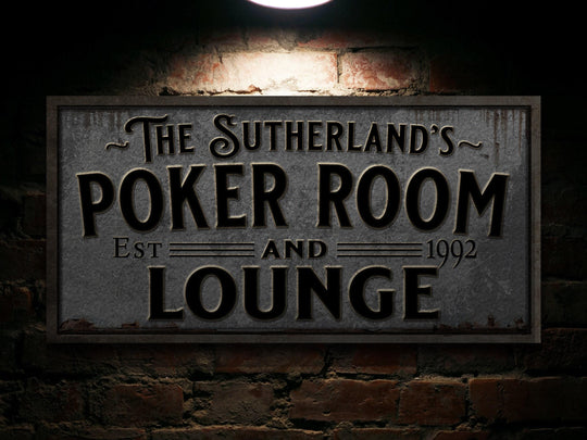 Pewter-Style Poker Room and Lounge Sign | Personalized Poker Lounge Sign | Family Poker Room Sign | Family Name Sign | Home Bar Sign