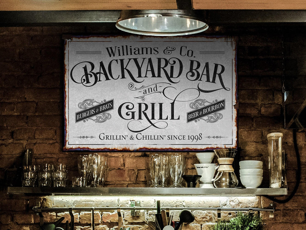 Custom Backyard Bar and Grill Sign | Patio Bar Sign | Porch Bar Sign | Name Sign | Modern Farmhouse Decor | Large Metal Sign | Light Color
