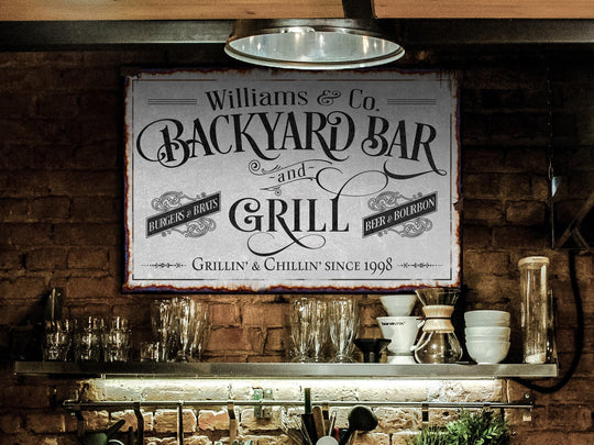 Custom Backyard Bar and Grill Sign | Patio Bar Sign | Porch Bar Sign | Name Sign | Modern Farmhouse Decor | Large Metal Sign | Light Color