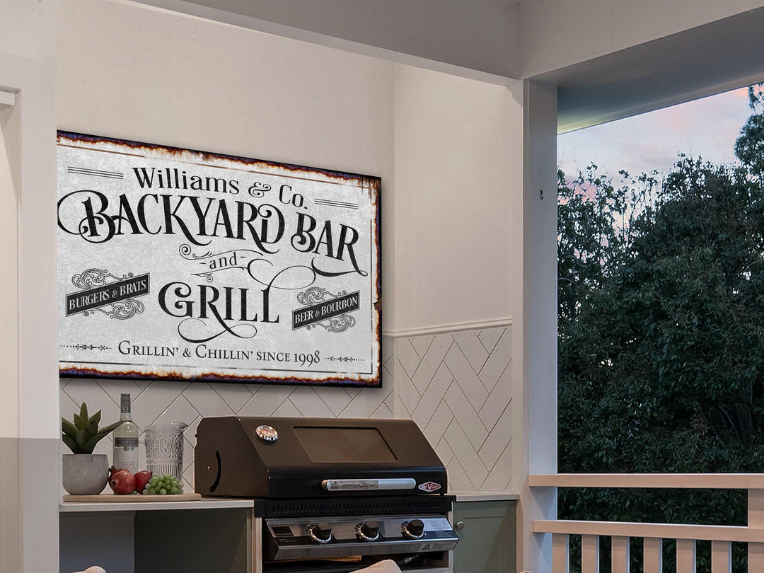Custom Backyard Bar and Grill Sign | Patio Bar Sign | Porch Bar Sign | Name Sign | Modern Farmhouse Decor | Large Metal Sign | Light Color