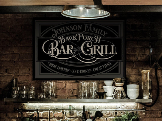 Back Porch Bar & Grill | Back Porch Bar Sign | Family Name Decor | Personalized Bar Sign | Modern Farmhouse | Large Metal Sign