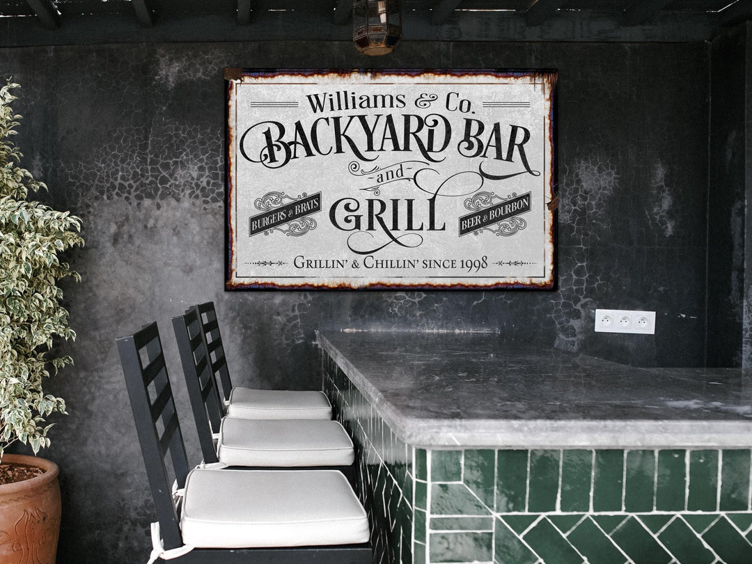 Custom Backyard Bar and Grill Sign | Patio Bar Sign | Porch Bar Sign | Name Sign | Modern Farmhouse Decor | Large Metal Sign | Light Color
