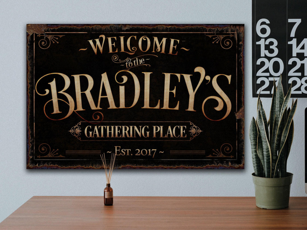 The Gathering Place Sign | Established Date | Custom Last Name Sign | Personalized Sign | Black and Gold Wall Art | Modern Farmhouse Decor
