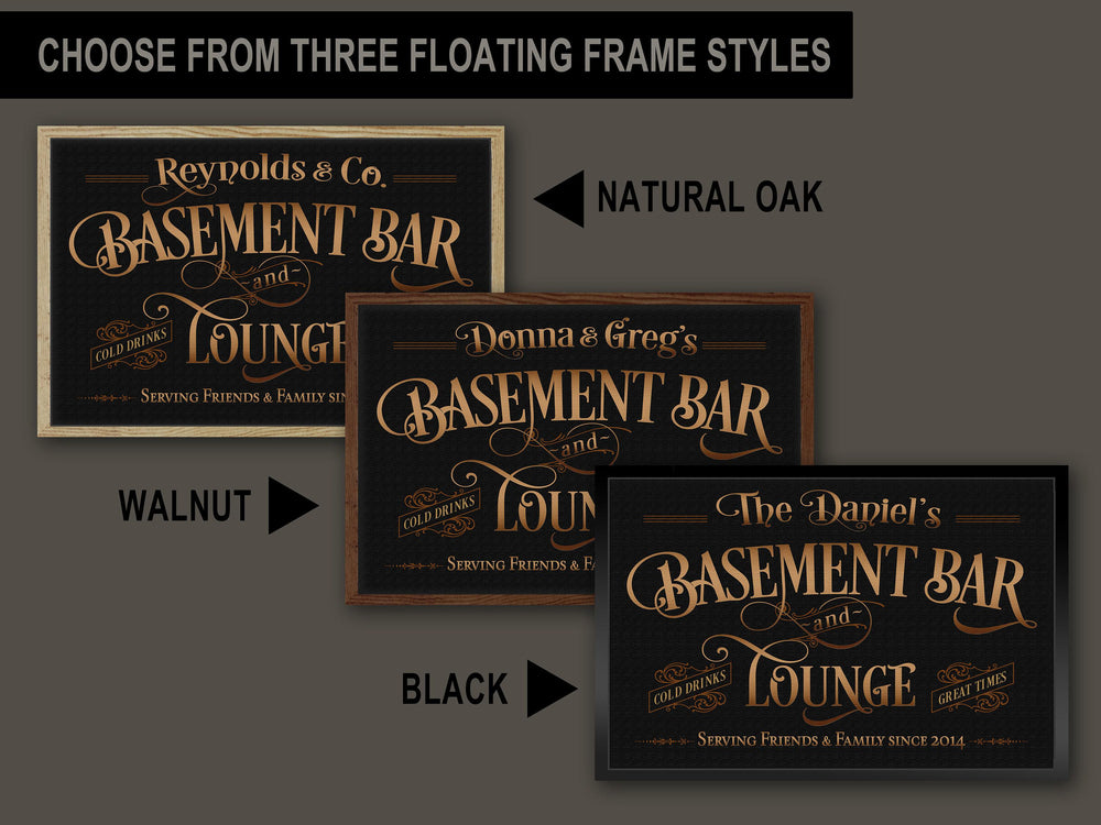 Basement Bar and Lounge Sign Dark Version | Custom Framed Basement Bar Sign | Framed Name Sign | Framed Canvas | Basement Bar Wall Decor