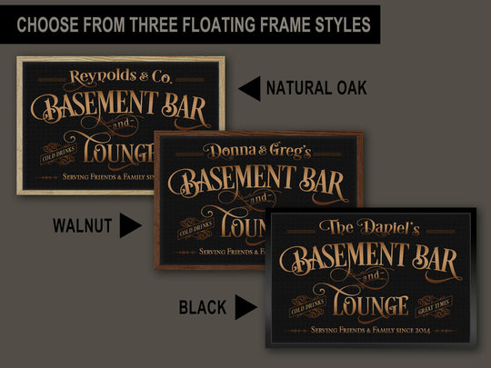 Basement Bar and Lounge Sign Dark Version | Custom Framed Basement Bar Sign | Framed Name Sign | Framed Canvas | Basement Bar Wall Decor