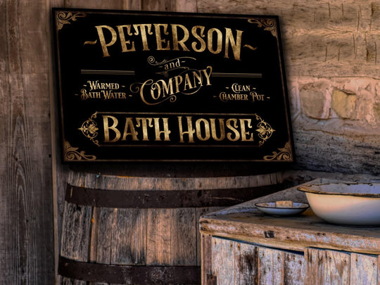Personalized Bath House Sign | Family Name Bathroom Sign | Bath House Sign | Powder Room Sign | Farmhouse Decor | Dark Vintage Bath Sign