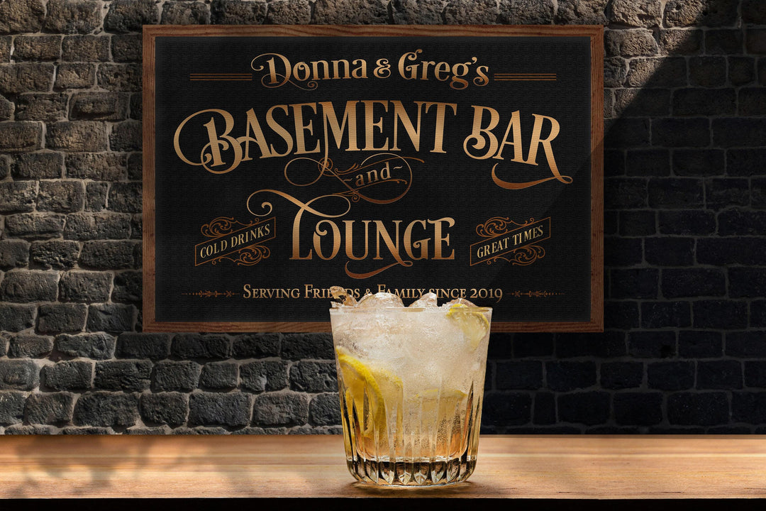 Basement Bar and Lounge Sign Dark Version | Custom Framed Basement Bar Sign | Framed Name Sign | Framed Canvas | Basement Bar Wall Decor
