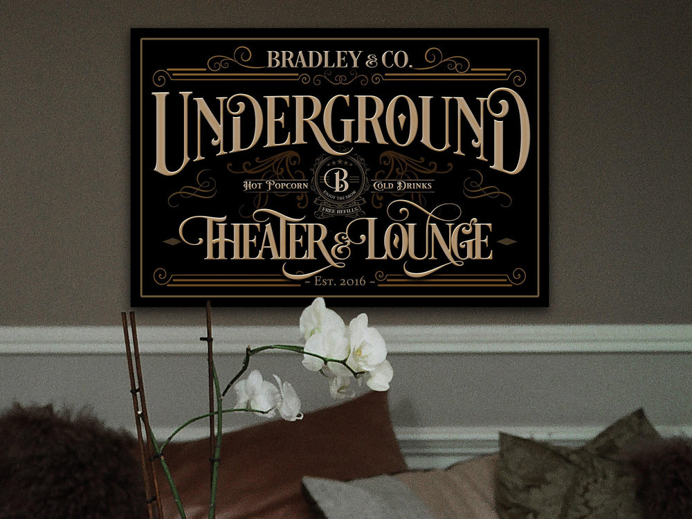 Home Theater Sign | Basement Theater Sign | Underground Theater Sign | Lower Level Theater Sign | Large Canvas | Vintage Theater Sign