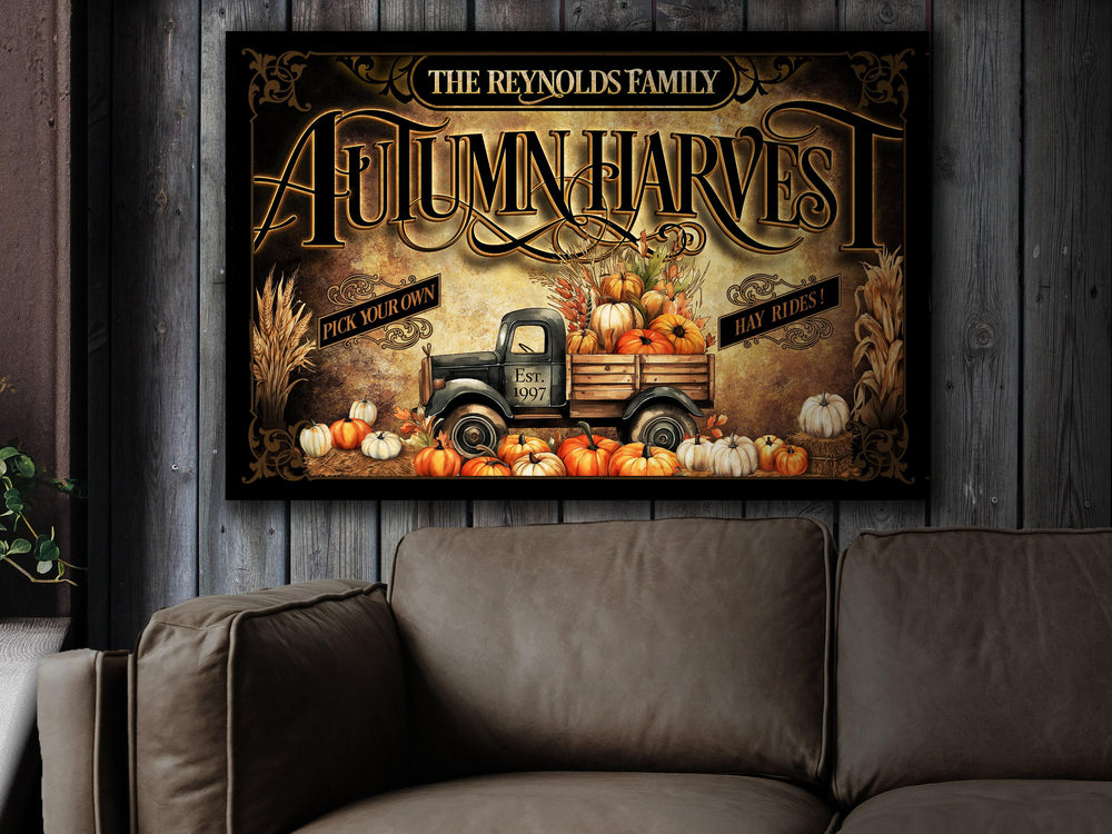 Personalized Autumn Harvest Family Name Sign | Farmhouse Pumpkin Truck Sign | Vintage Pumpkin Sign | Large Metal Sign | Large Canvas Sign