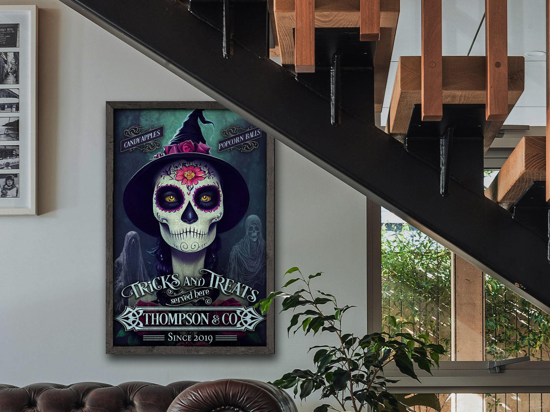 Tricks and Treats Halloween Sign, Sugar Skull Witch, Creepy Halloween Ghost Sign, Custom Halloween Sign, Scary Sign, Large Canvas or Metal