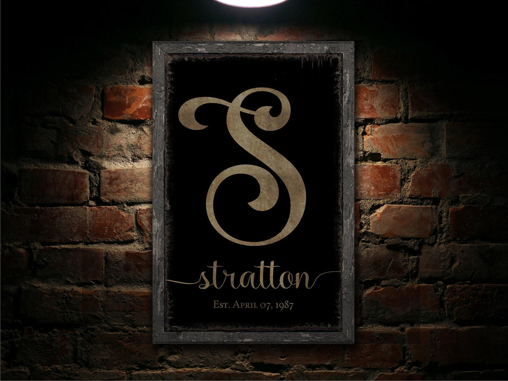 Personalized Printed Monogram Family Name Sign With Established Date (Faux Wood Frame) Indoor or Outdoor - Canvas Sign or Metal Sign Choice