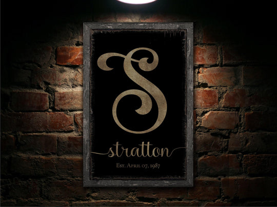 Personalized Printed Monogram Family Name Sign With Established Date (Faux Wood Frame) Indoor or Outdoor - Canvas Sign or Metal Sign Choice