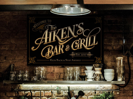 Custom Family Bar and Grill Sign | Family Name Patio Bar Sign | Porch Bar Sign | Name Sign | Modern Farmhouse Decor | Large Metal Sign