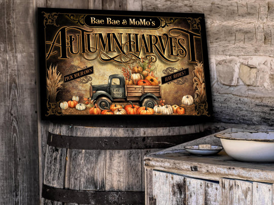Personalized Autumn Harvest Family Name Sign | Farmhouse Pumpkin Truck Sign | Vintage Pumpkin Sign | Large Metal Sign | Large Canvas Sign
