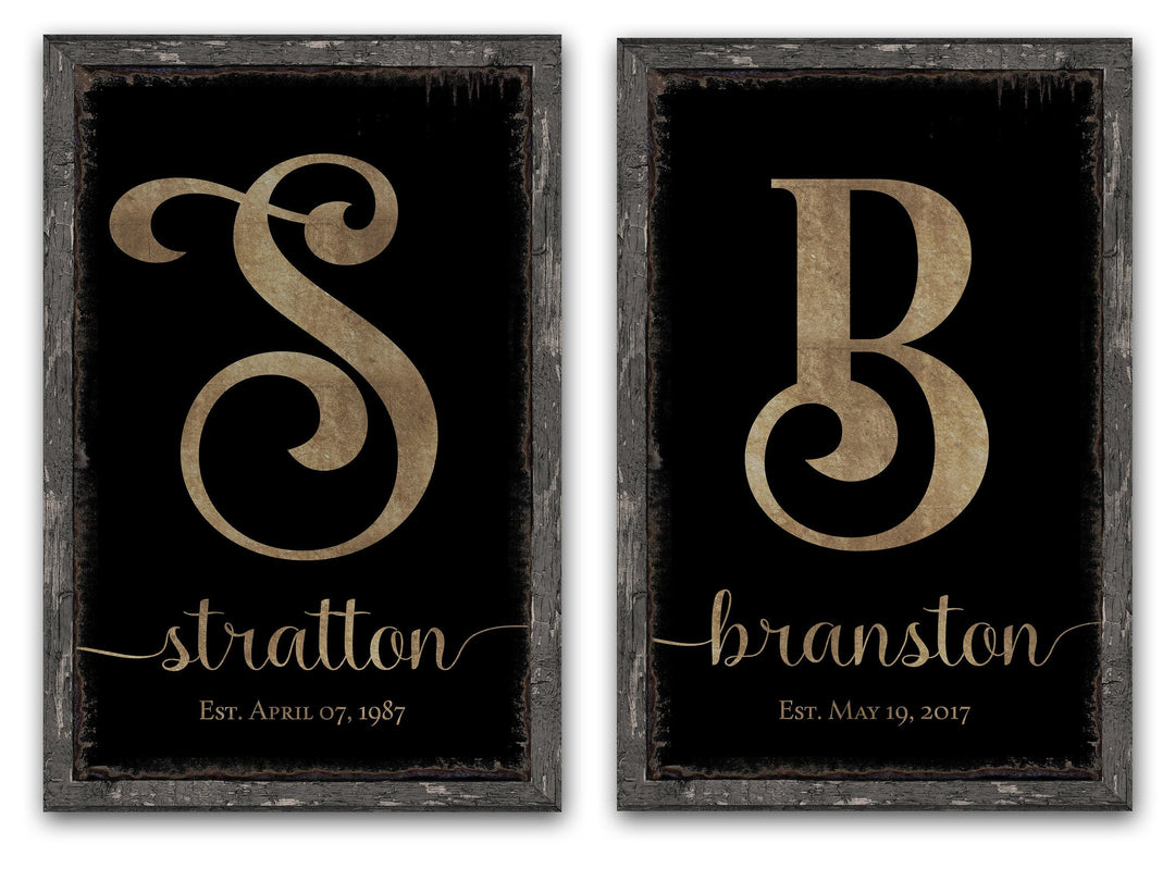 Personalized Printed Monogram Family Name Sign With Established Date (Faux Wood Frame) Indoor or Outdoor - Canvas Sign or Metal Sign Choice