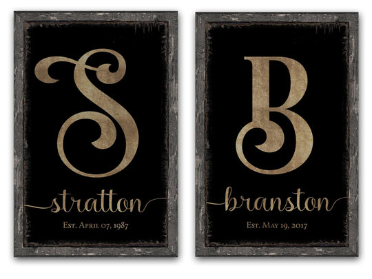 Personalized Printed Monogram Family Name Sign With Established Date (Faux Wood Frame) Indoor or Outdoor - Canvas Sign or Metal Sign Choice