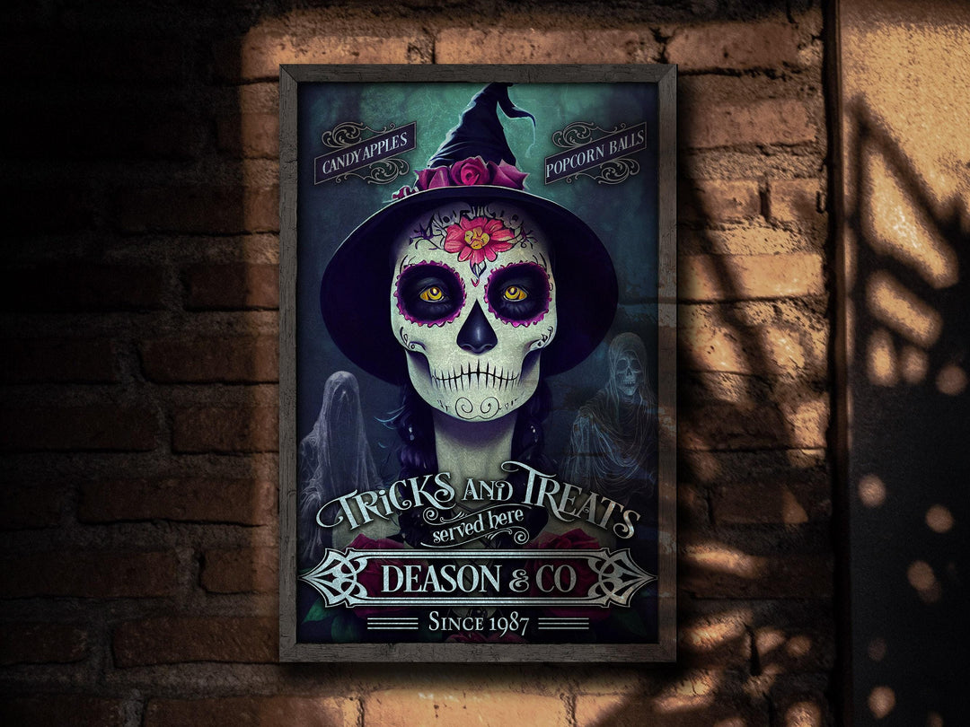 Tricks and Treats Halloween Sign, Sugar Skull Witch, Creepy Halloween Ghost Sign, Custom Halloween Sign, Scary Sign, Large Canvas or Metal