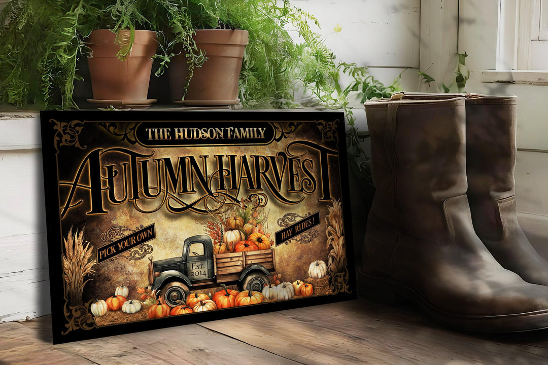Personalized Autumn Harvest Family Name Sign | Farmhouse Pumpkin Truck Sign | Vintage Pumpkin Sign | Large Metal Sign | Large Canvas Sign