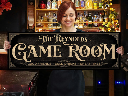 Personalized Game Room Sign with Family Name | Custom Earthtone Tan Game Room Sign | Customized Family Game Room Sign | Light Vintage Taupe