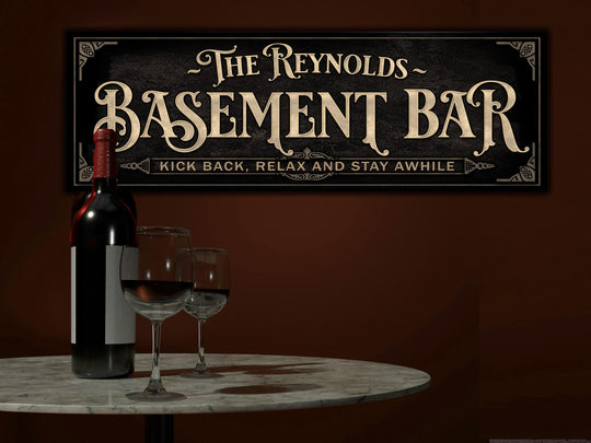 Personalized Basement Bar Sign with Family Name | Earthtone Basement Bar Sign | Customized Family Basement Bar Sign | Light Vintage Taupe