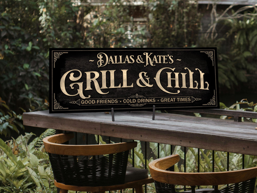 Personalized Grill & Chill Sign with Family Name | Earthtone Bar and Grill Sign | Customized Family Bar and Grill Sign | Custom BBQ SIgn